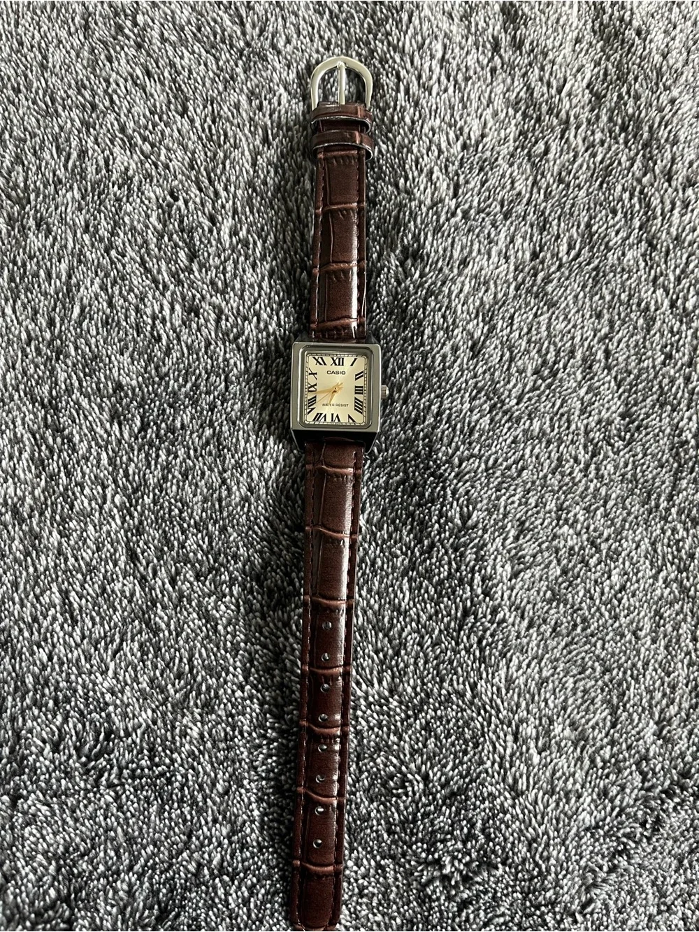 Casio Brown Leather Strap Watch with Silver-Tone Square Case and Cream Dial
